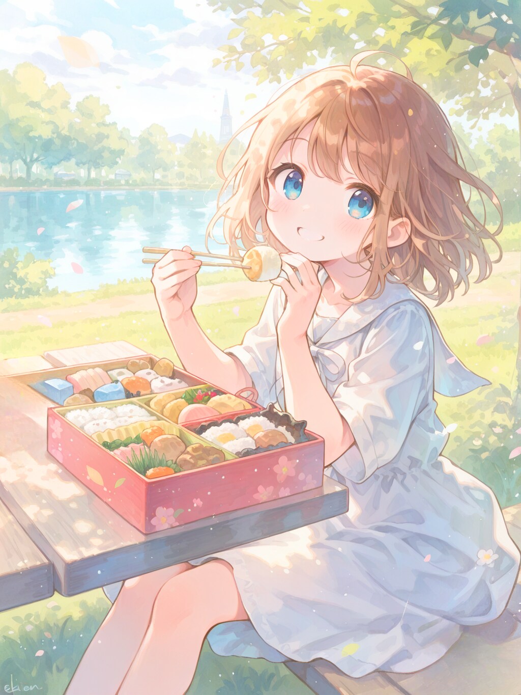 湖畔の公園でお弁当