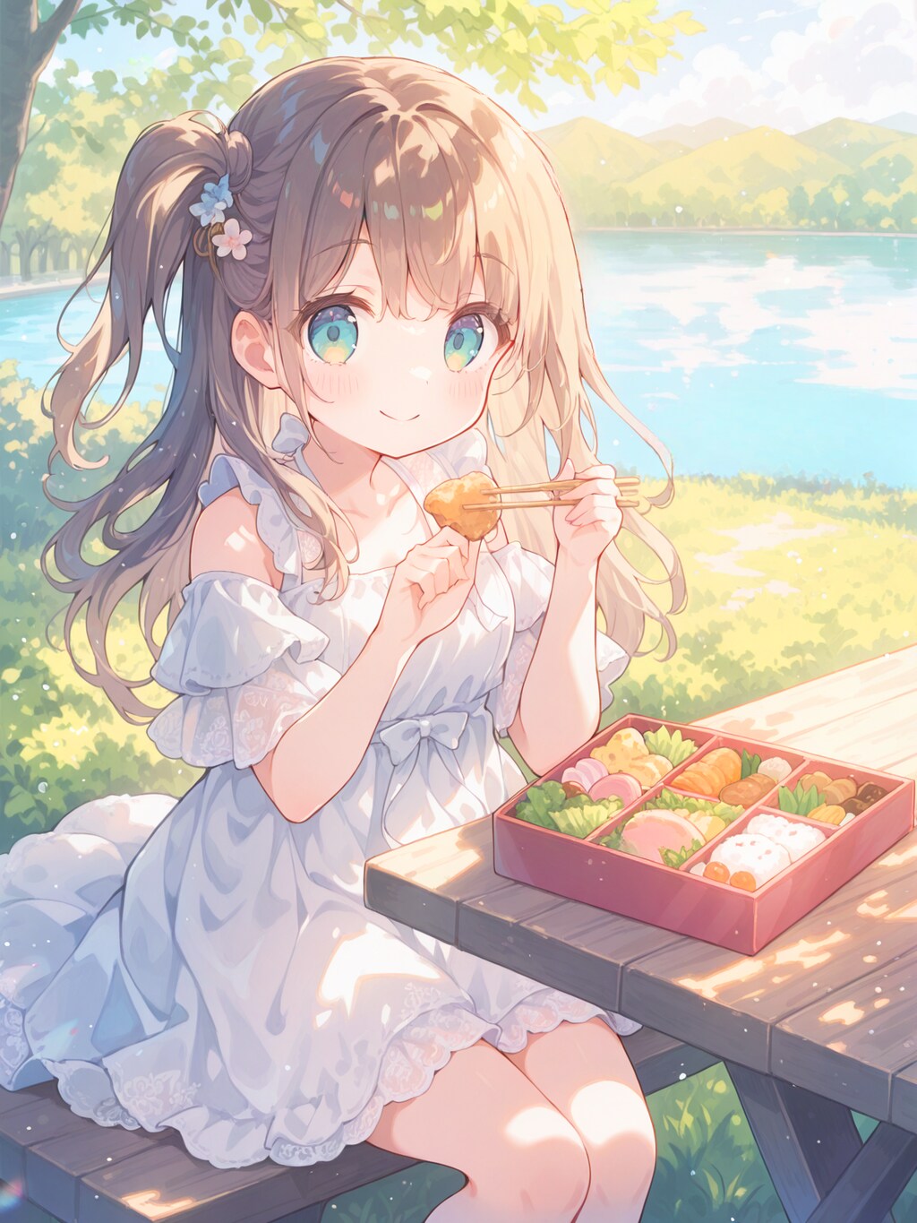 湖畔の公園でお弁当