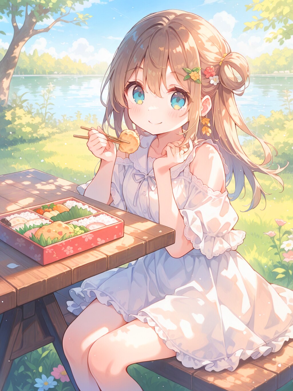 湖畔の公園でお弁当