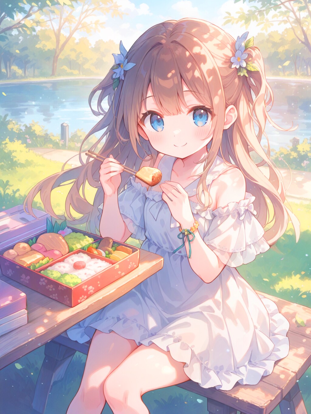 湖畔の公園でお弁当