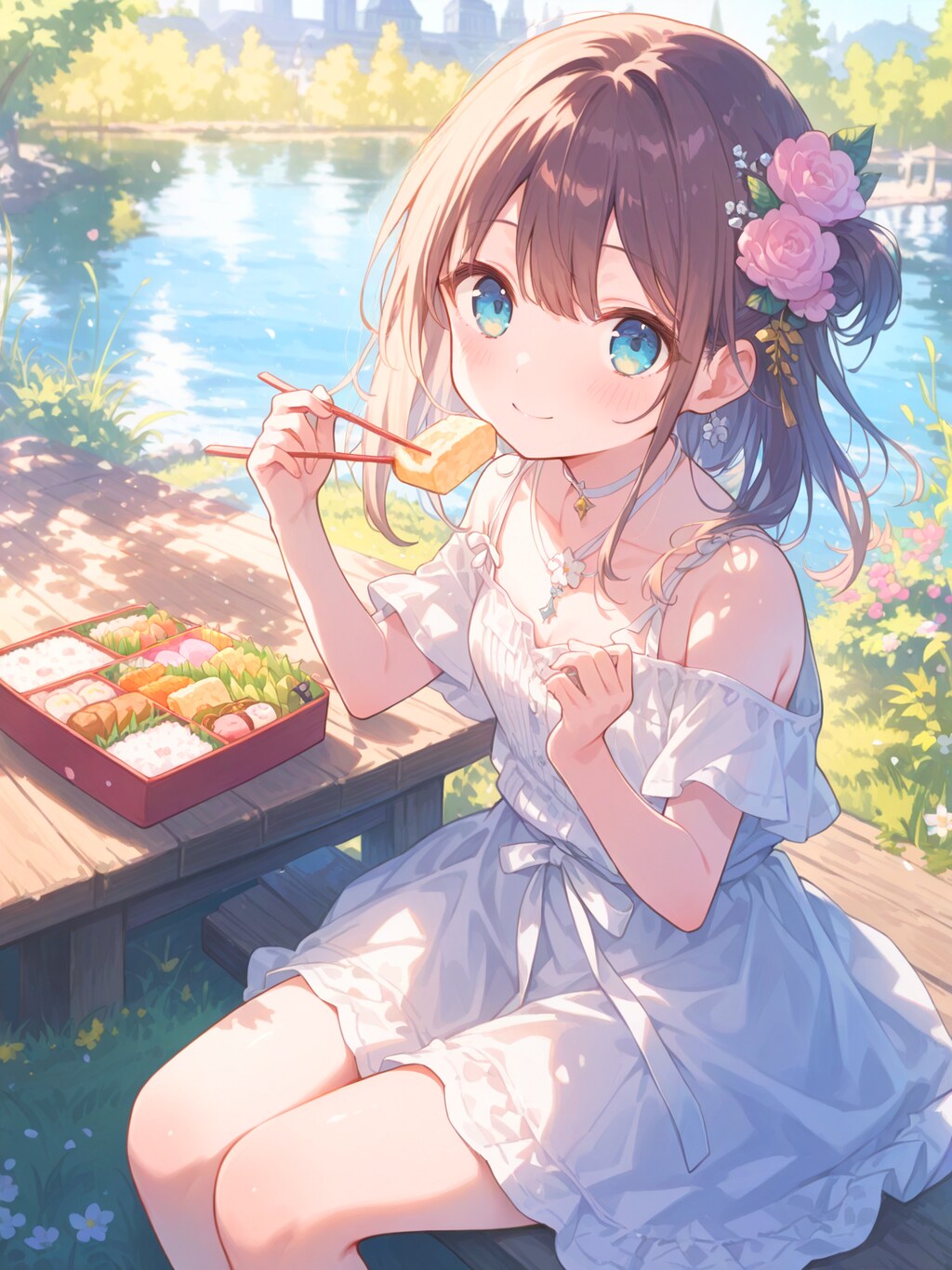 湖畔の公園でお弁当