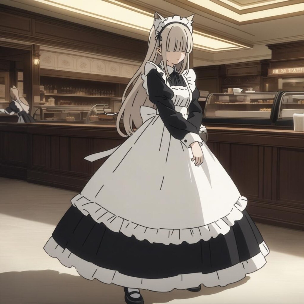 アニメ風、メカクレ猫耳モブメイド