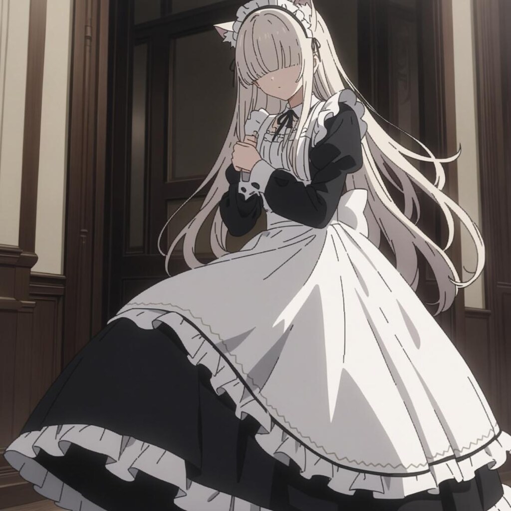 アニメ風、メカクレ猫耳モブメイド