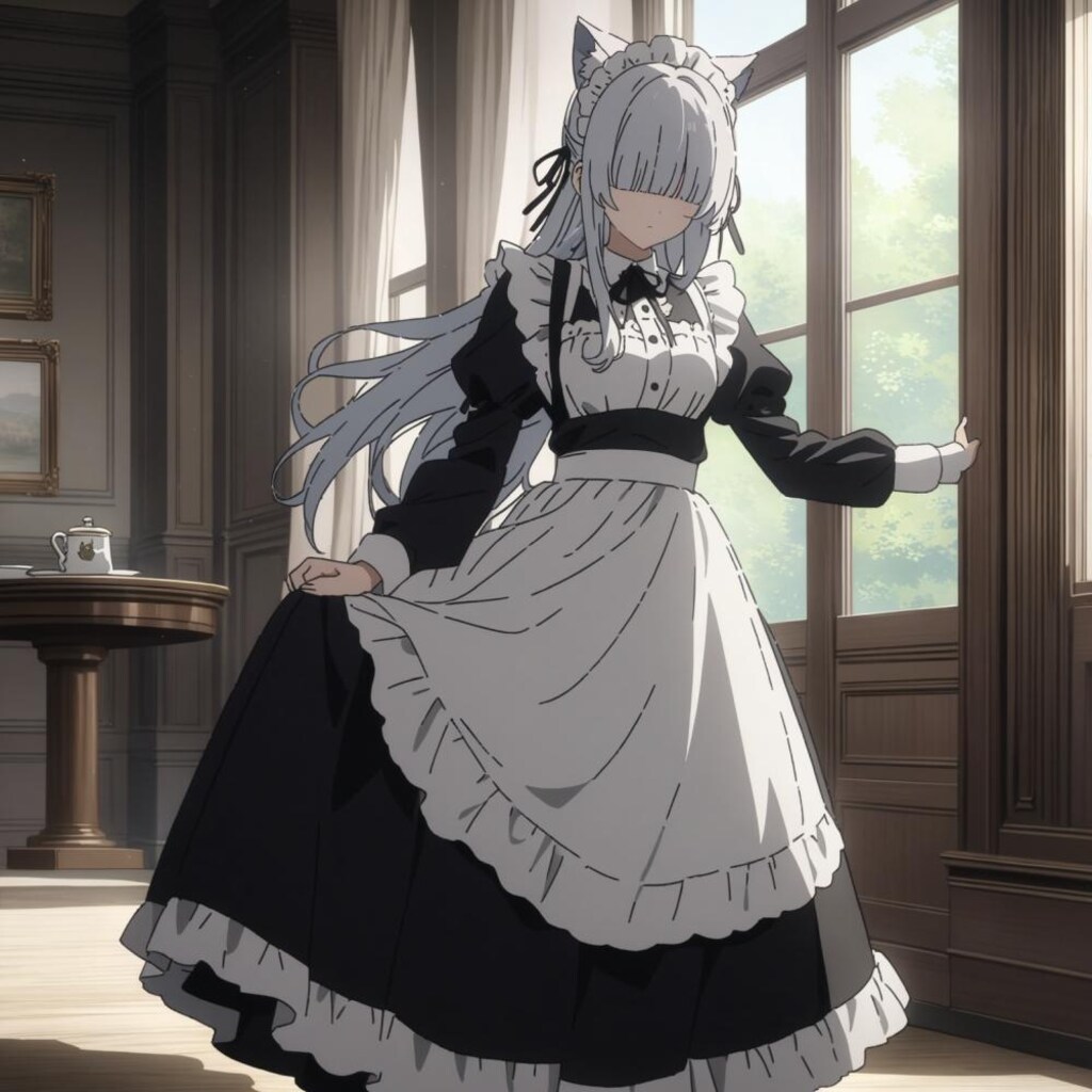 アニメ風、メカクレ猫耳モブメイド