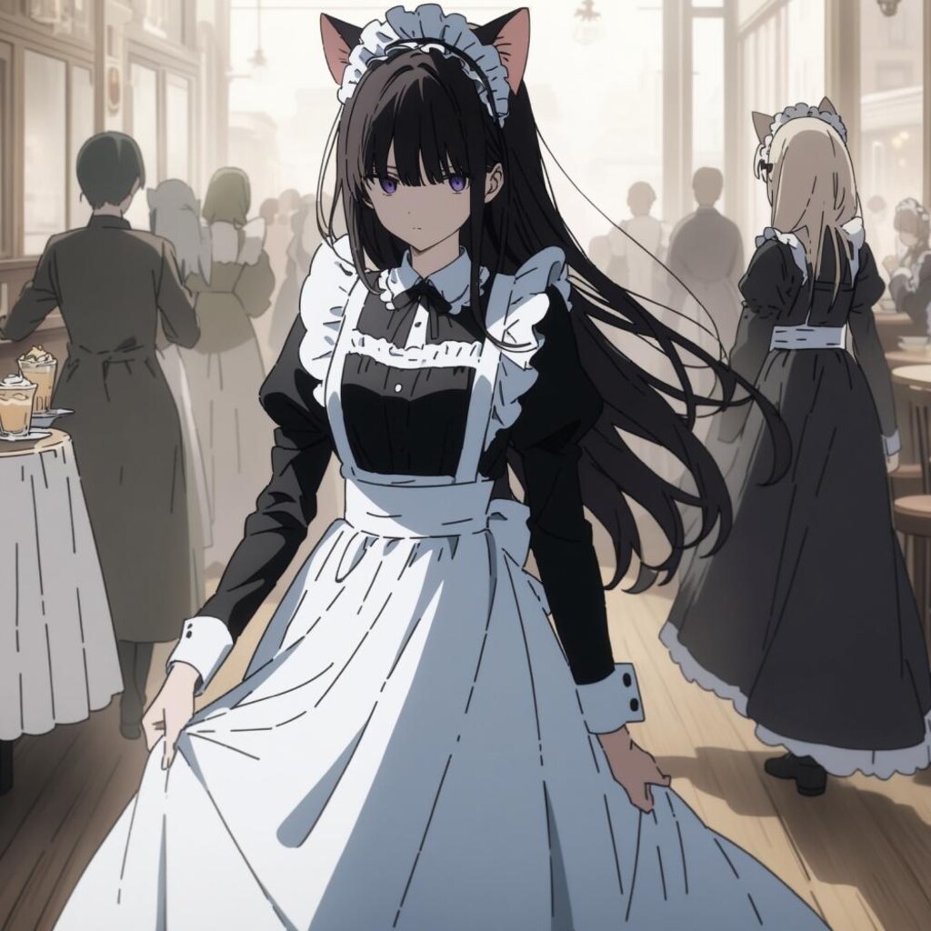 アニメ風、メカクレ猫耳モブメイド
