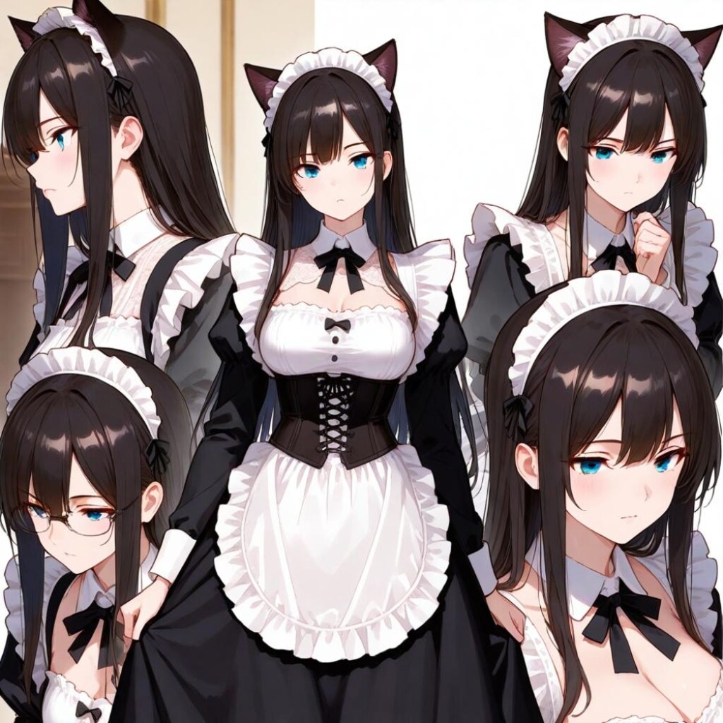 アニメ風、メカクレ猫耳モブメイド