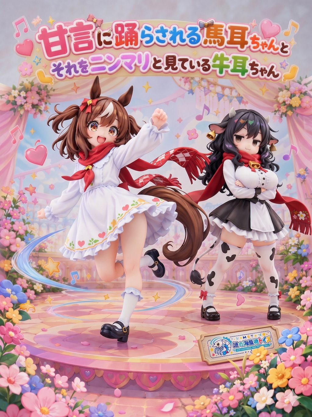 甘言に踊らされる馬耳ちゃんとそれをニンマリと見ている牛耳ちゃん
