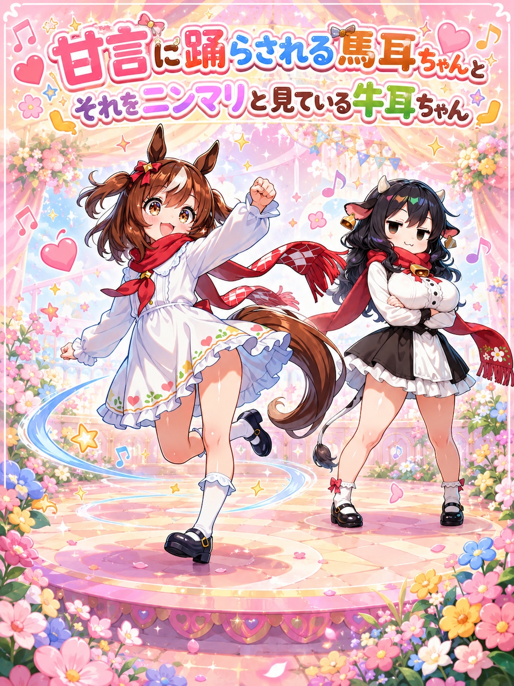 甘言に踊らされる馬耳ちゃんとそれをニンマリと見ている牛耳ちゃん