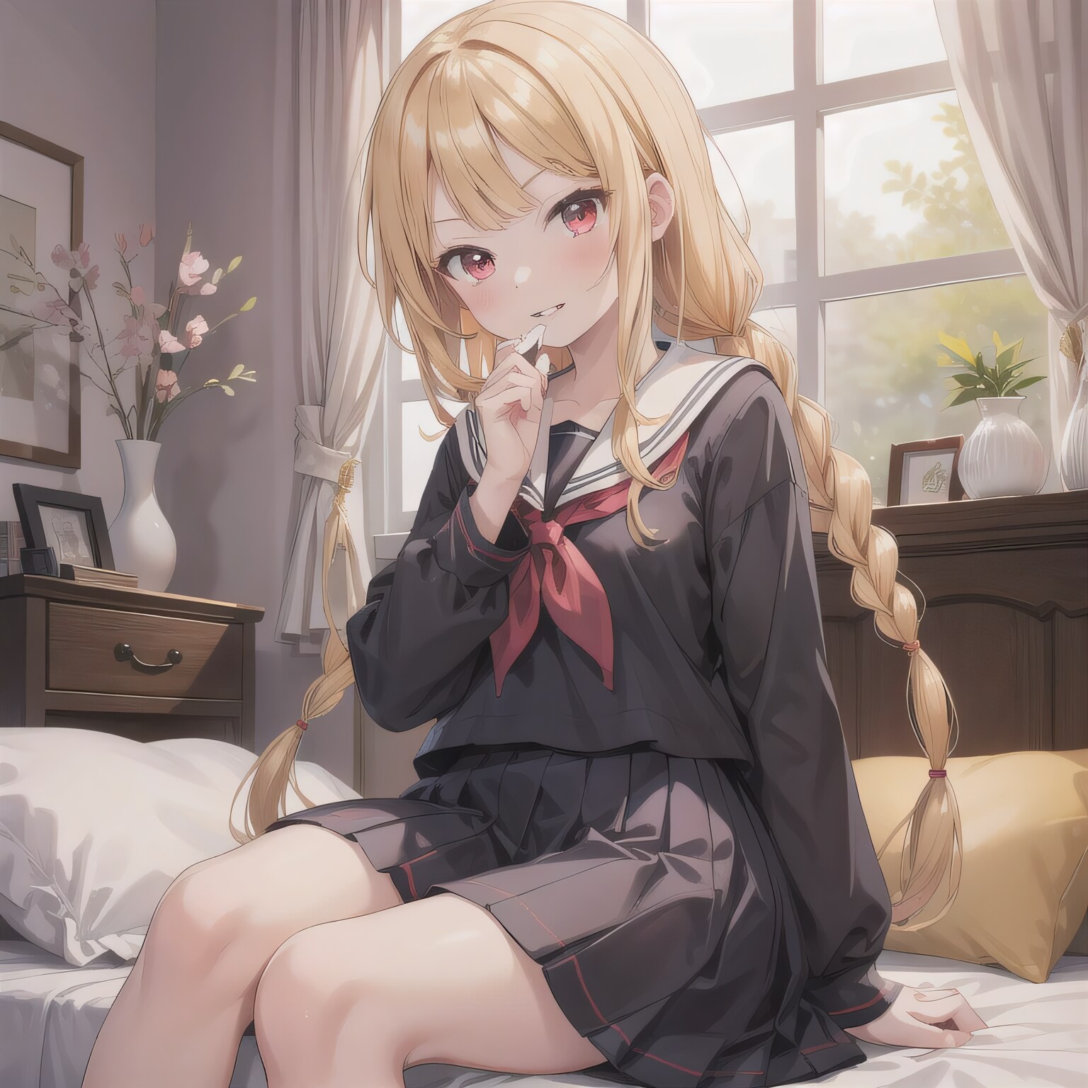 金髪ロングで寝室の少女 | の人気AIイラスト・グラビア