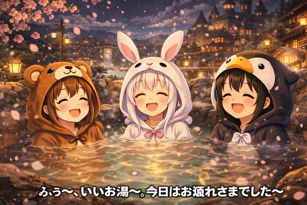 【All0423c】今日のクエストは非常に疲れたので、街の露天風呂でゆっくり疲れを癒している（モデル: ChatGPT）