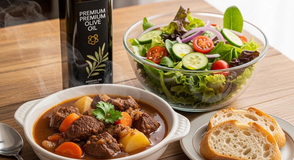 摩訶不思議食堂のビーフシチューとオリーブオイル付きサラダ