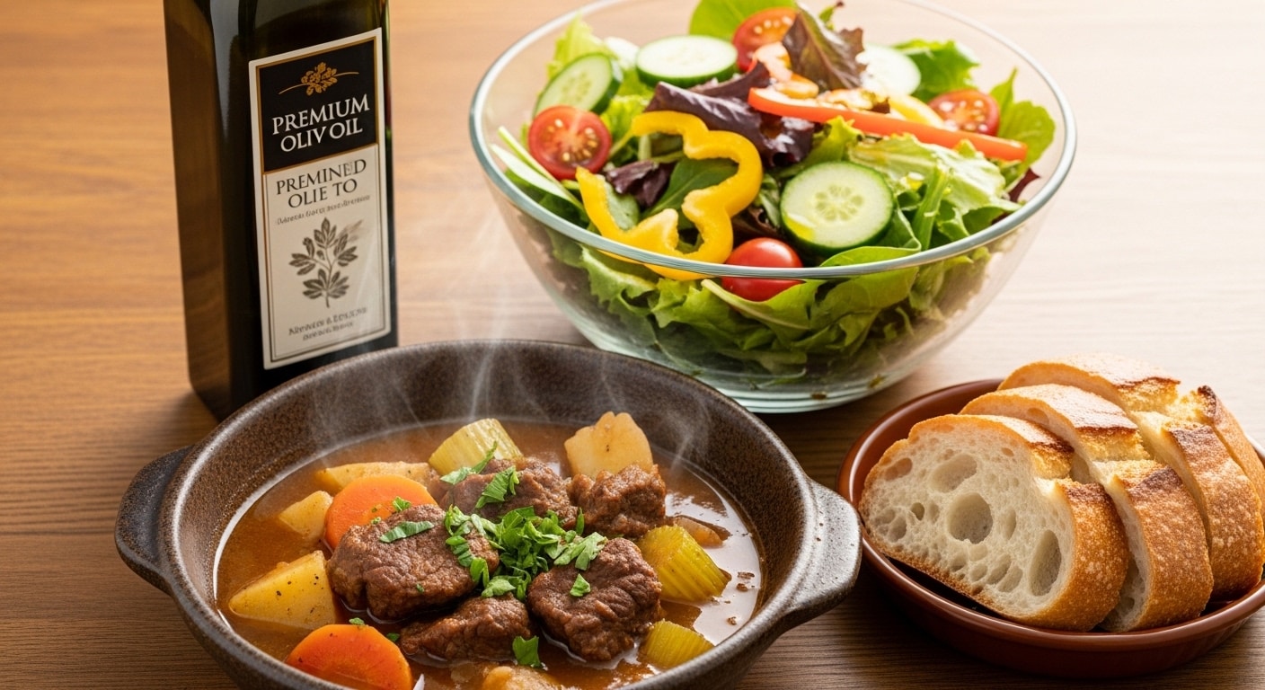 摩訶不思議食堂のビーフシチューとオリーブオイル付きサラダ | の人気AIイラスト・グラビア