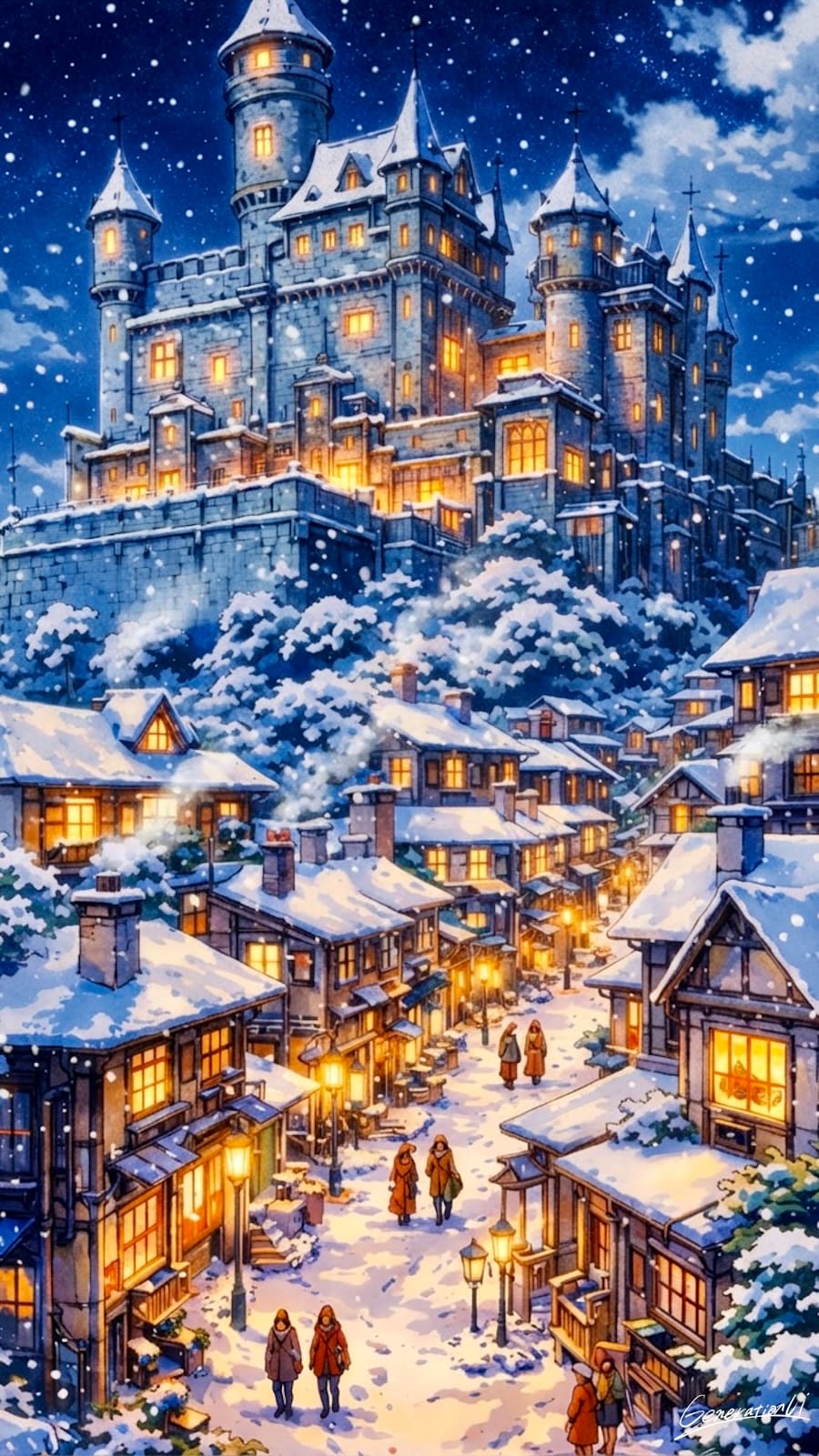 雪に包まれた城下の夕べ／スマホ壁紙アーカイブ | の人気AIイラスト・グラビア