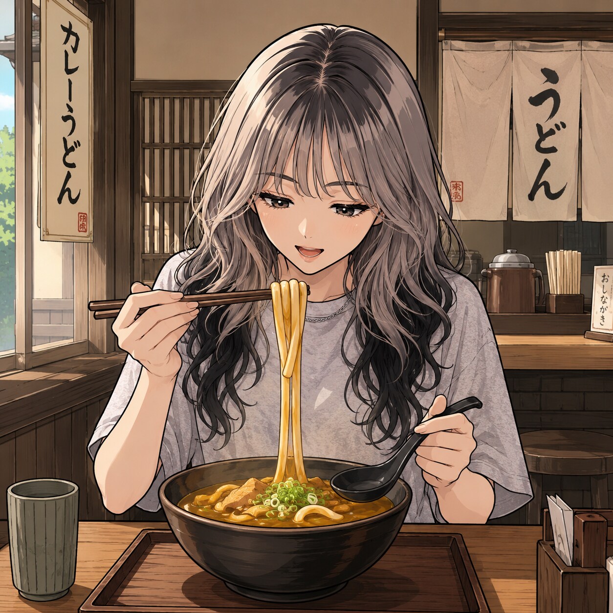 カレーうどんを食べるレージュちゃん♪