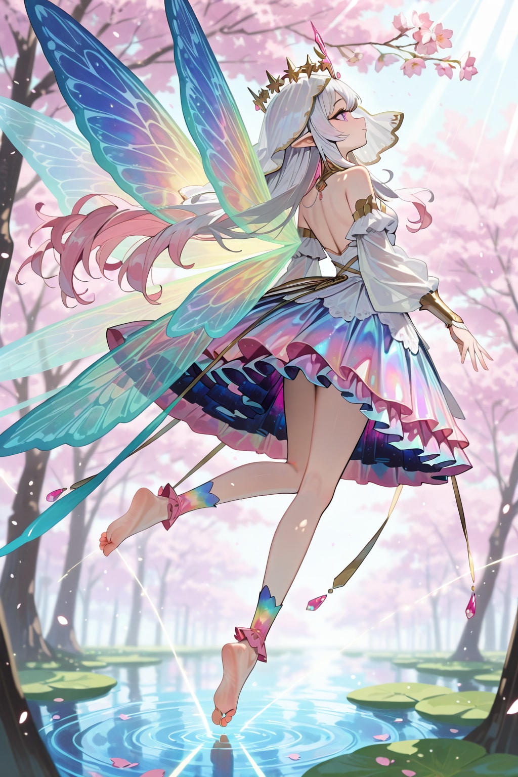 満開の桜並木の中央の泉の水面の上に、陽射しを浴びて小踊りする桜の花より生まれし蝶の精霊 | の人気AIイラスト・グラビア