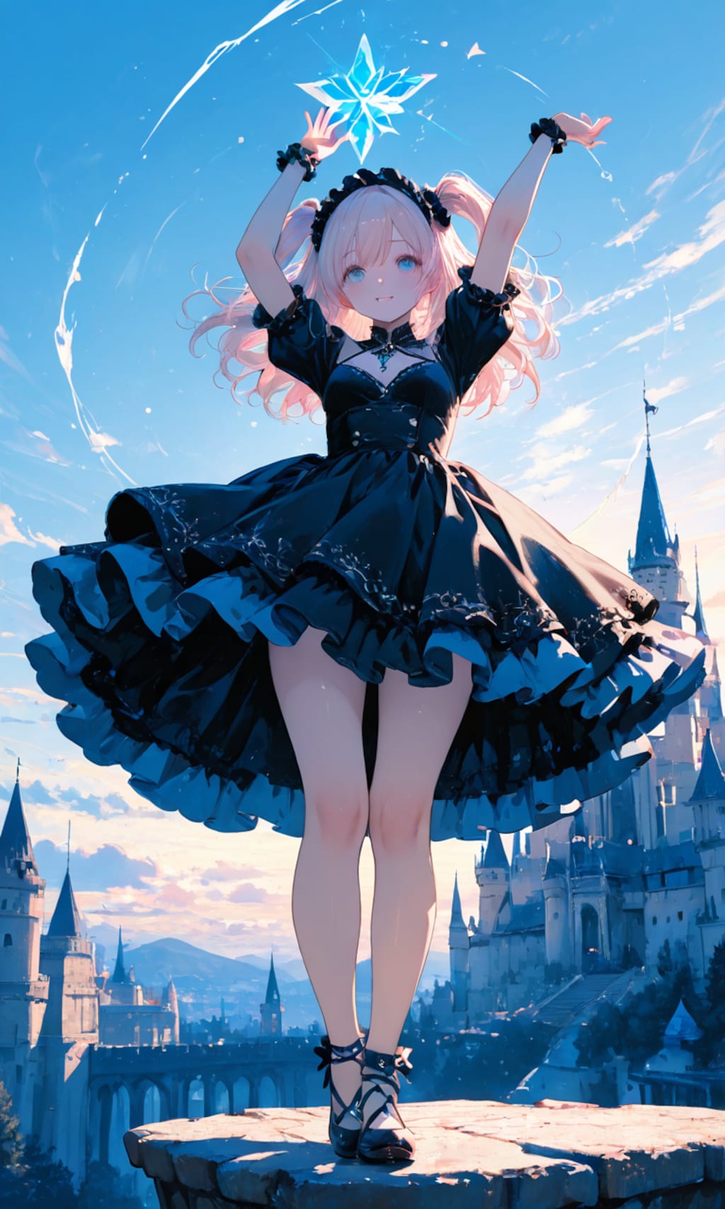 城を背景に魔法を使う子