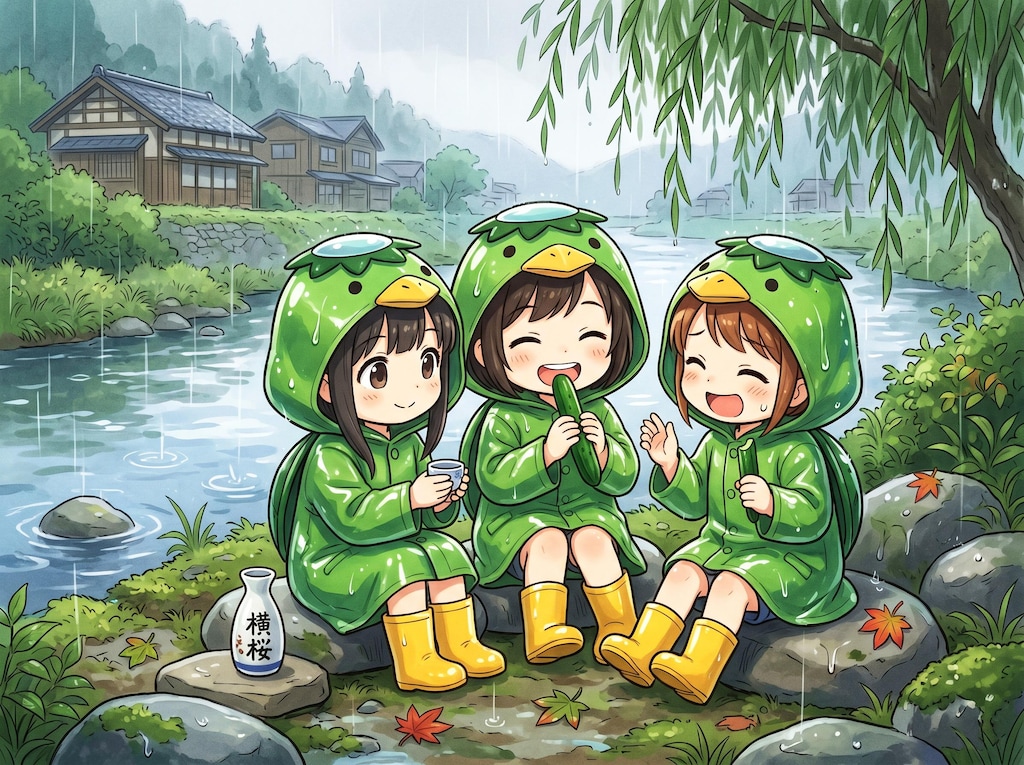 ゴム合羽にゴム長靴の女の子３人