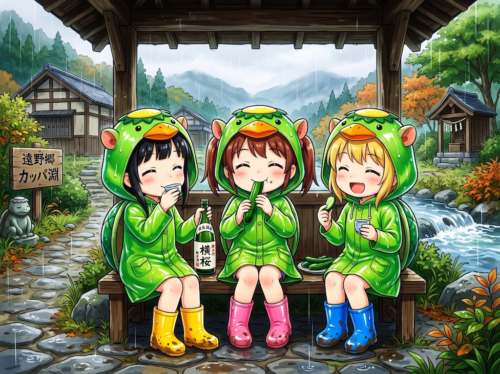 ゴム合羽にゴム長靴の女の子３人