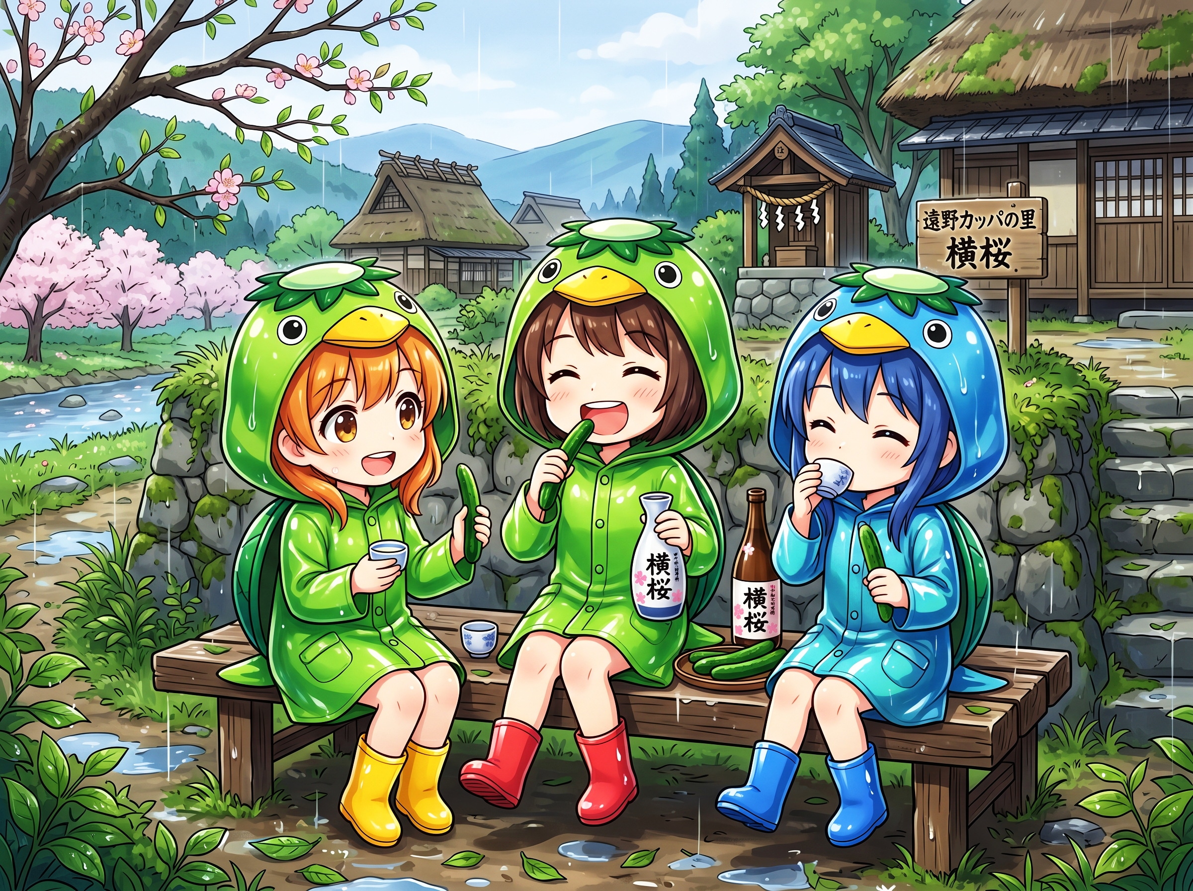 ゴム合羽にゴム長靴の女の子３人 | の人気AIイラスト・グラビア