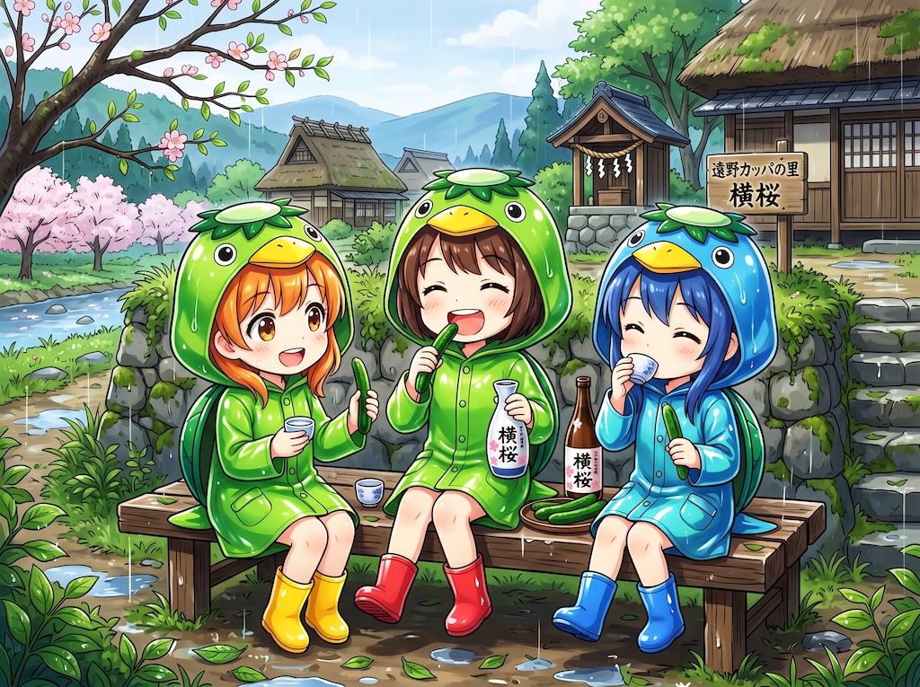 ゴム合羽にゴム長靴の女の子３人