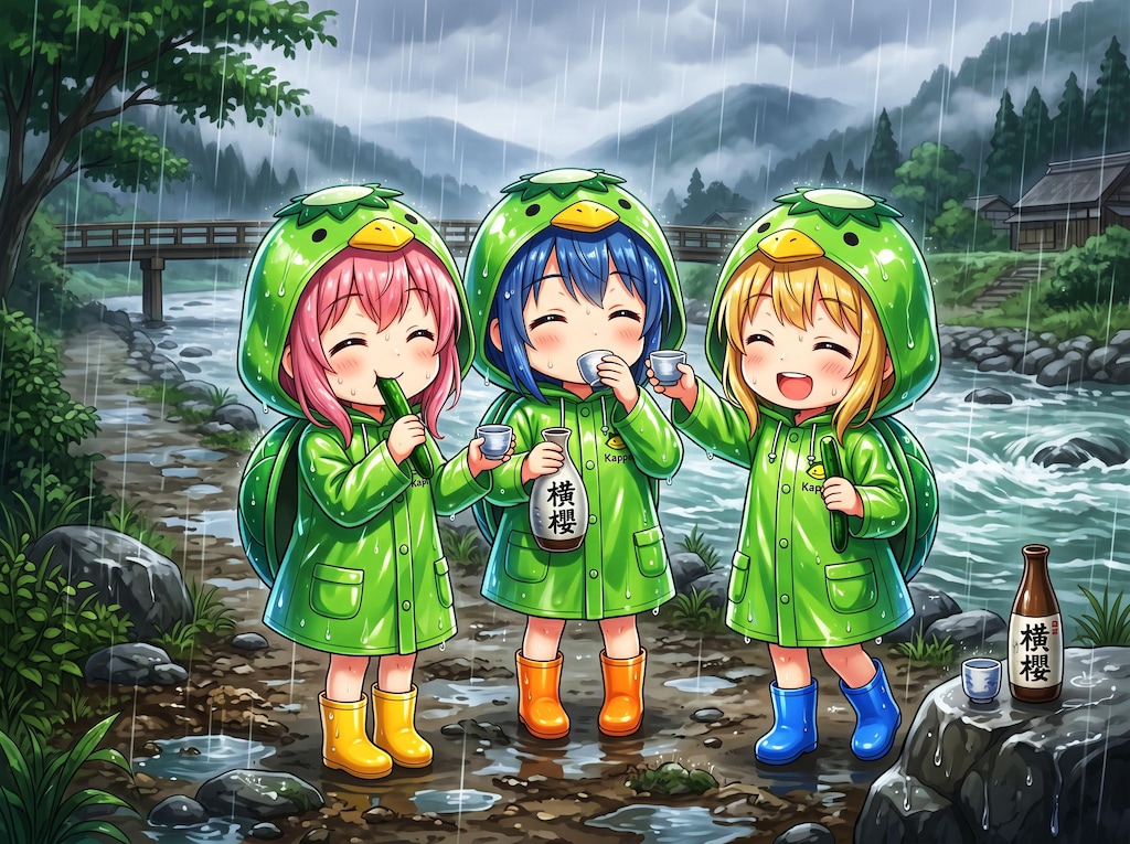 ゴム合羽にゴム長靴の女の子３人