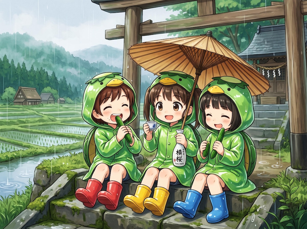 ゴム合羽にゴム長靴の女の子３人