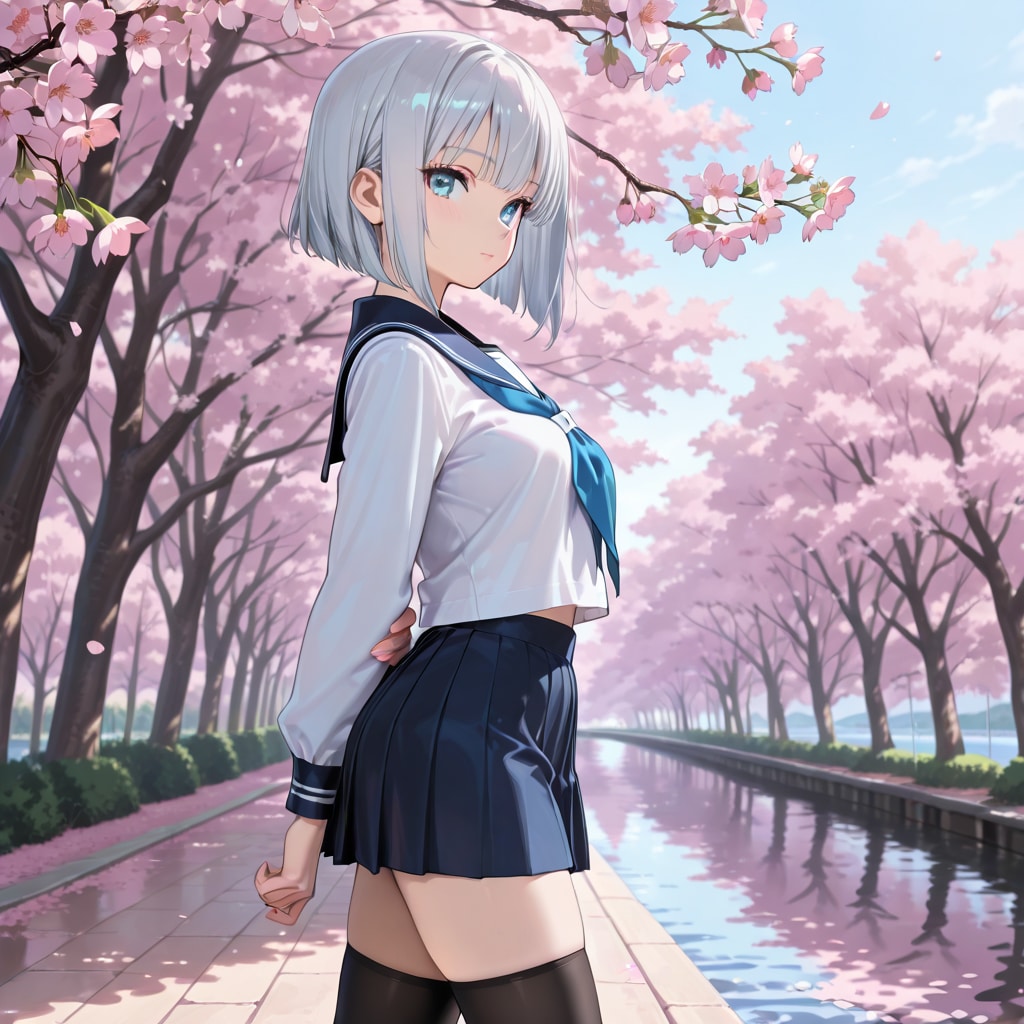 銀髪は至高、桜並木とセーラー服