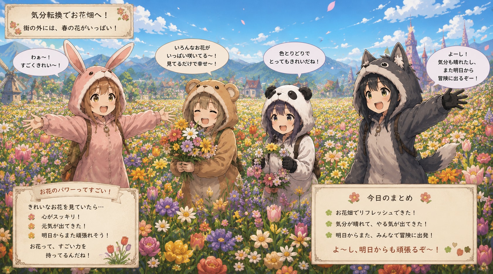 【All0508c】今日もやる気が出ないので、郊外の春花が沢山植えられた花畑にやって来た、着ぐるみ少女冒険者達は沢山の綺麗な花を見た事により気分が晴れてやる気が出てきた。（ChatGPT） | の人気AIイラスト・グラビア