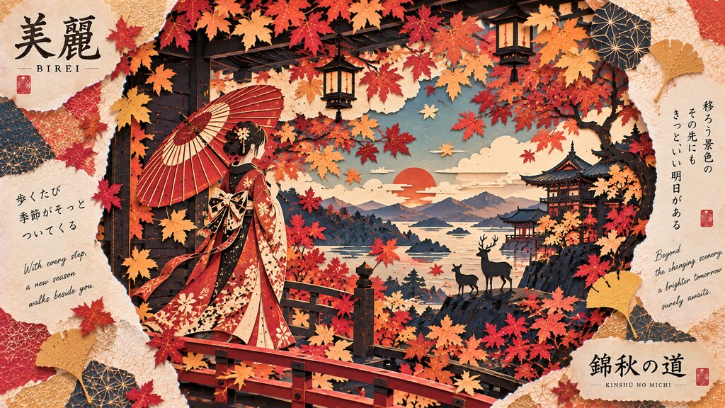 A red umbrella beneath a sky of falling maple leaves.  With every step, a new season walks beside yo