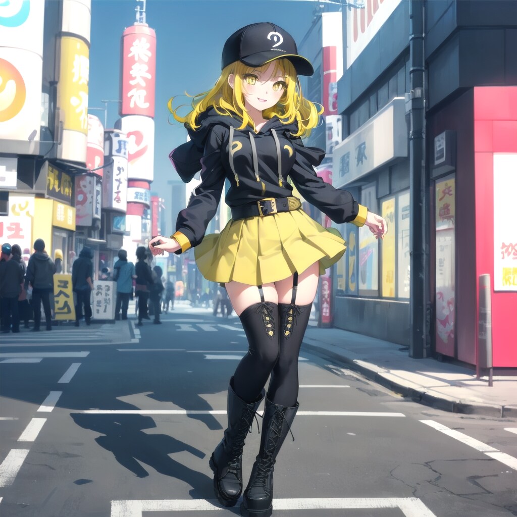 市街の通りを歩いてるストリート衣装の女の子