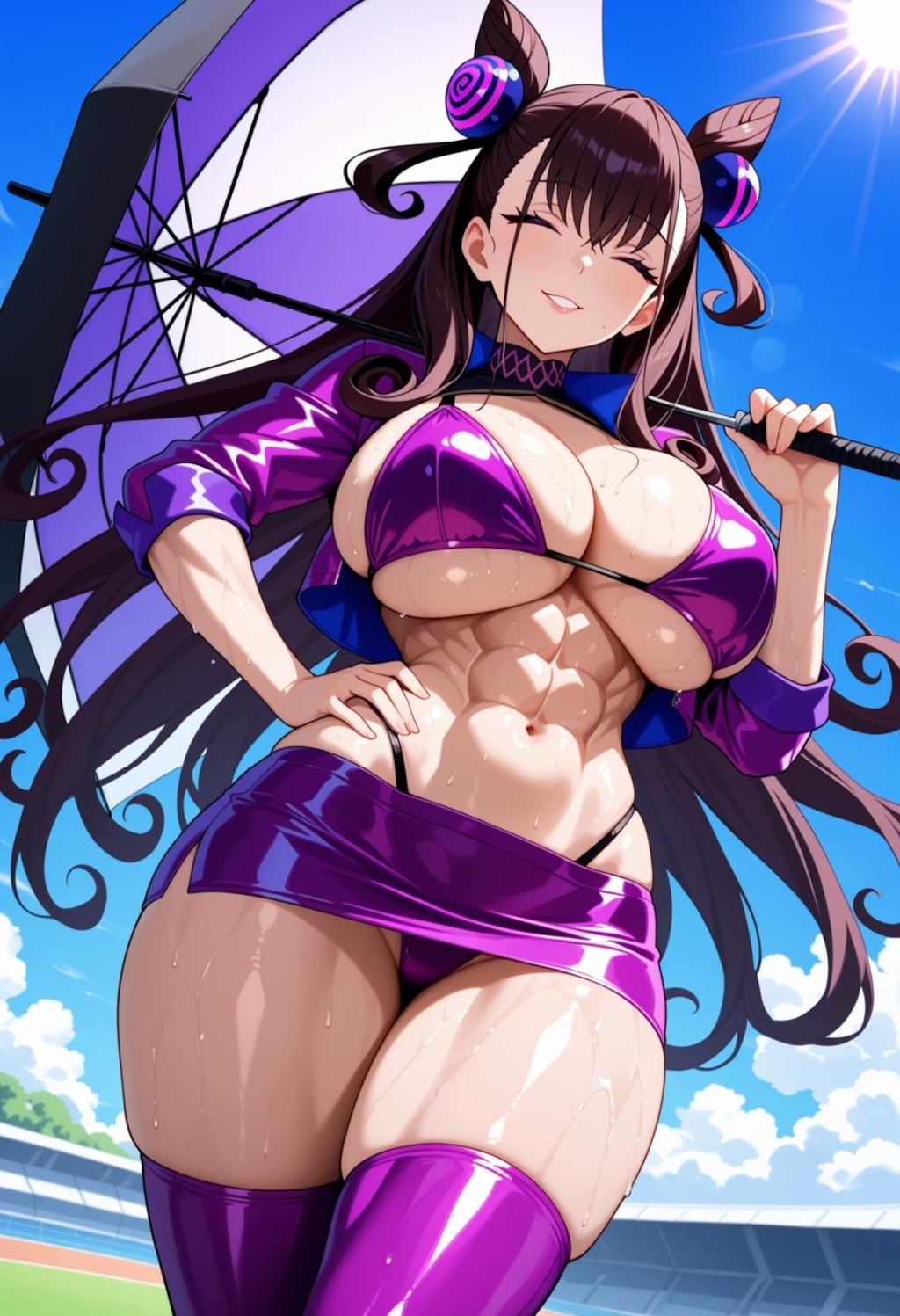 傘を持つレースクイーンコスプレ人妻達
