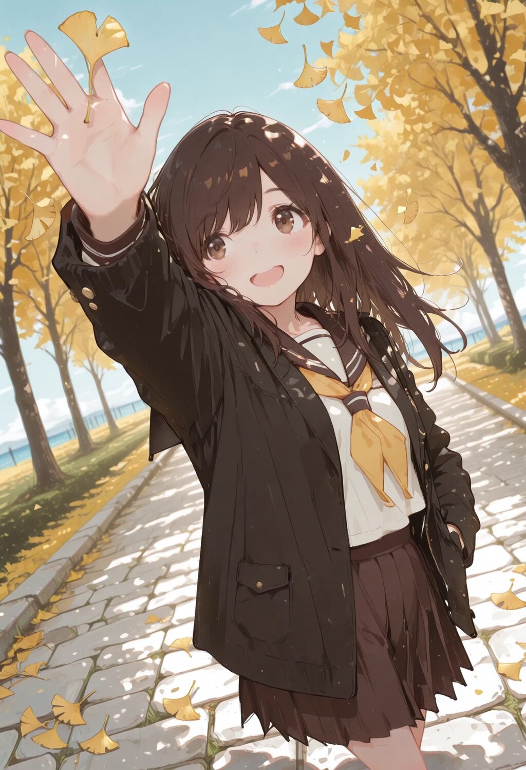 イチョウ並木で秋を感じる少女