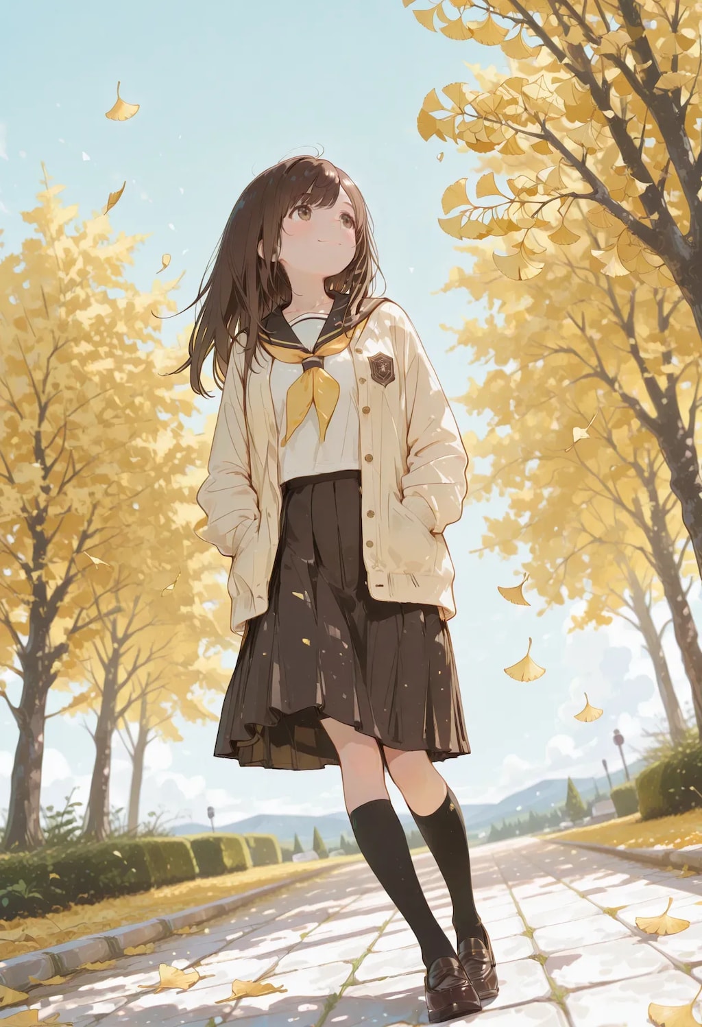 イチョウ並木で秋を感じる少女