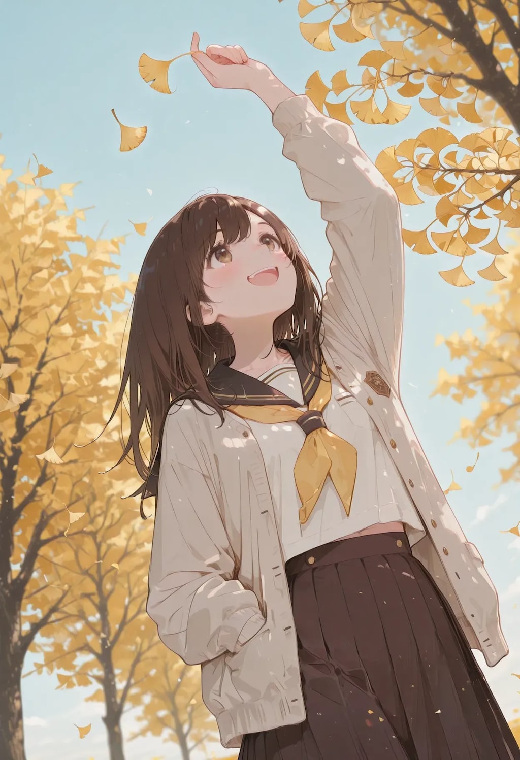 イチョウ並木で秋を感じる少女