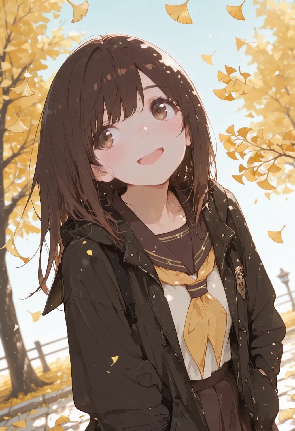 イチョウ並木で秋を感じる少女