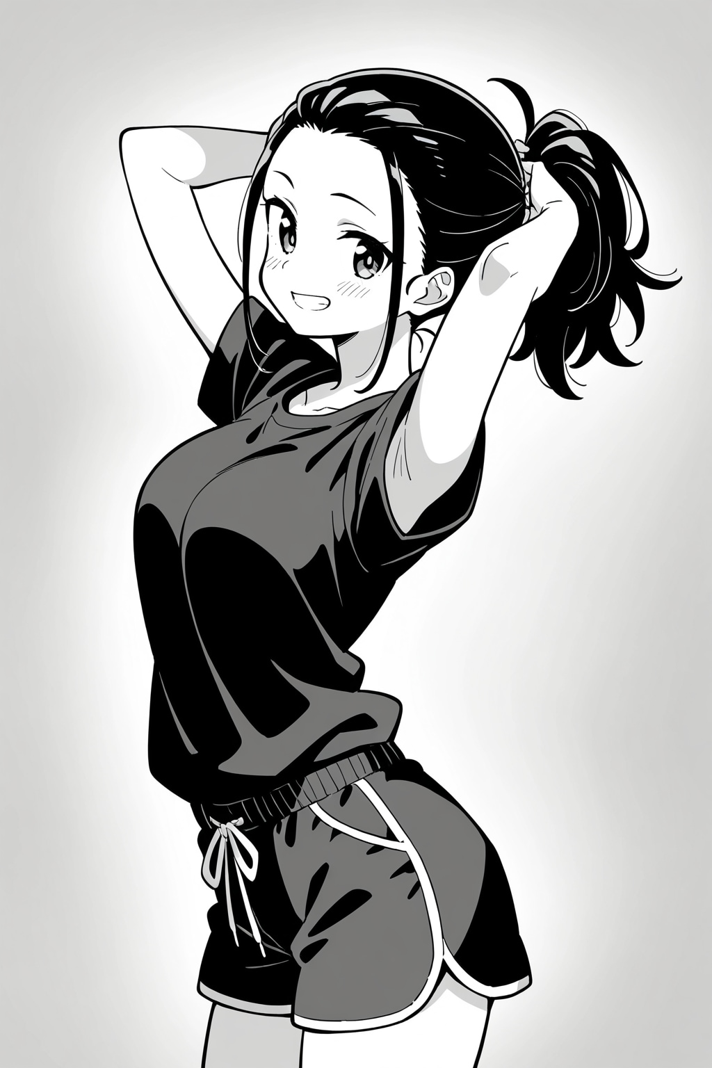 モノクロ髪の毛を束ねる女の子