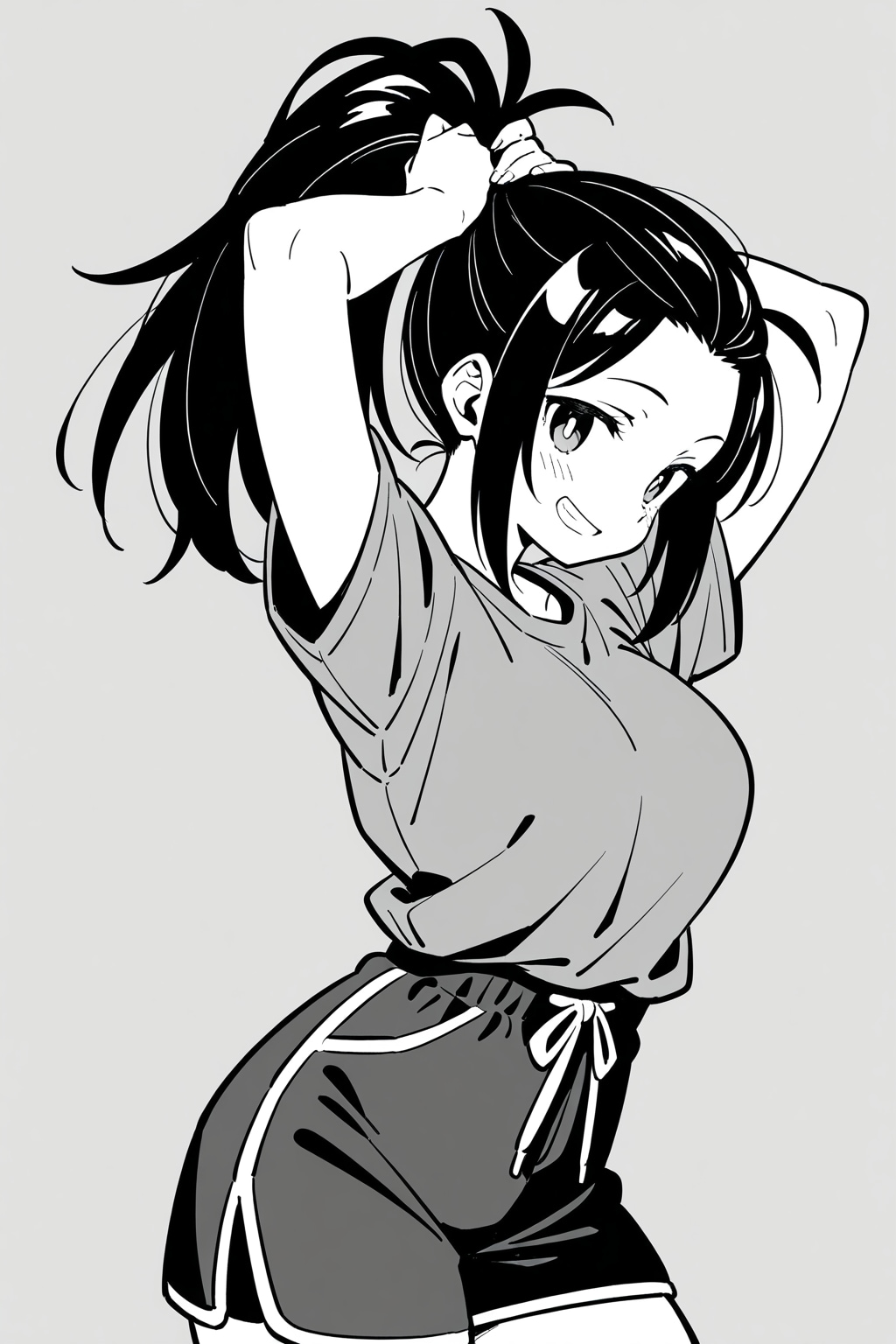 モノクロ髪の毛を束ねる女の子