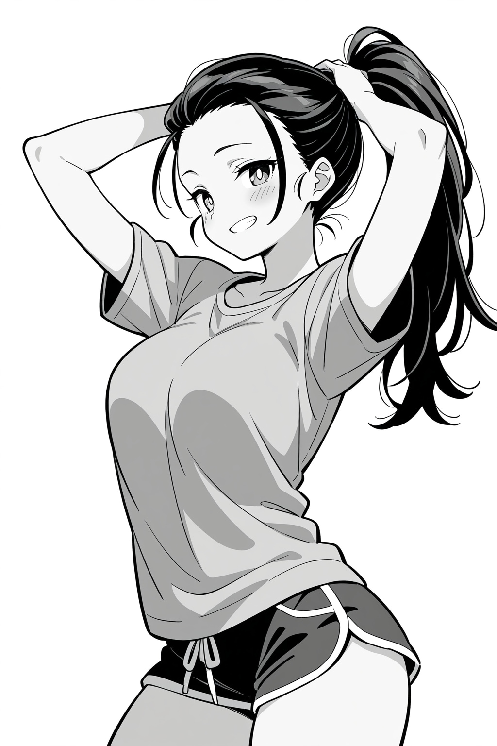 モノクロ髪の毛を束ねる女の子