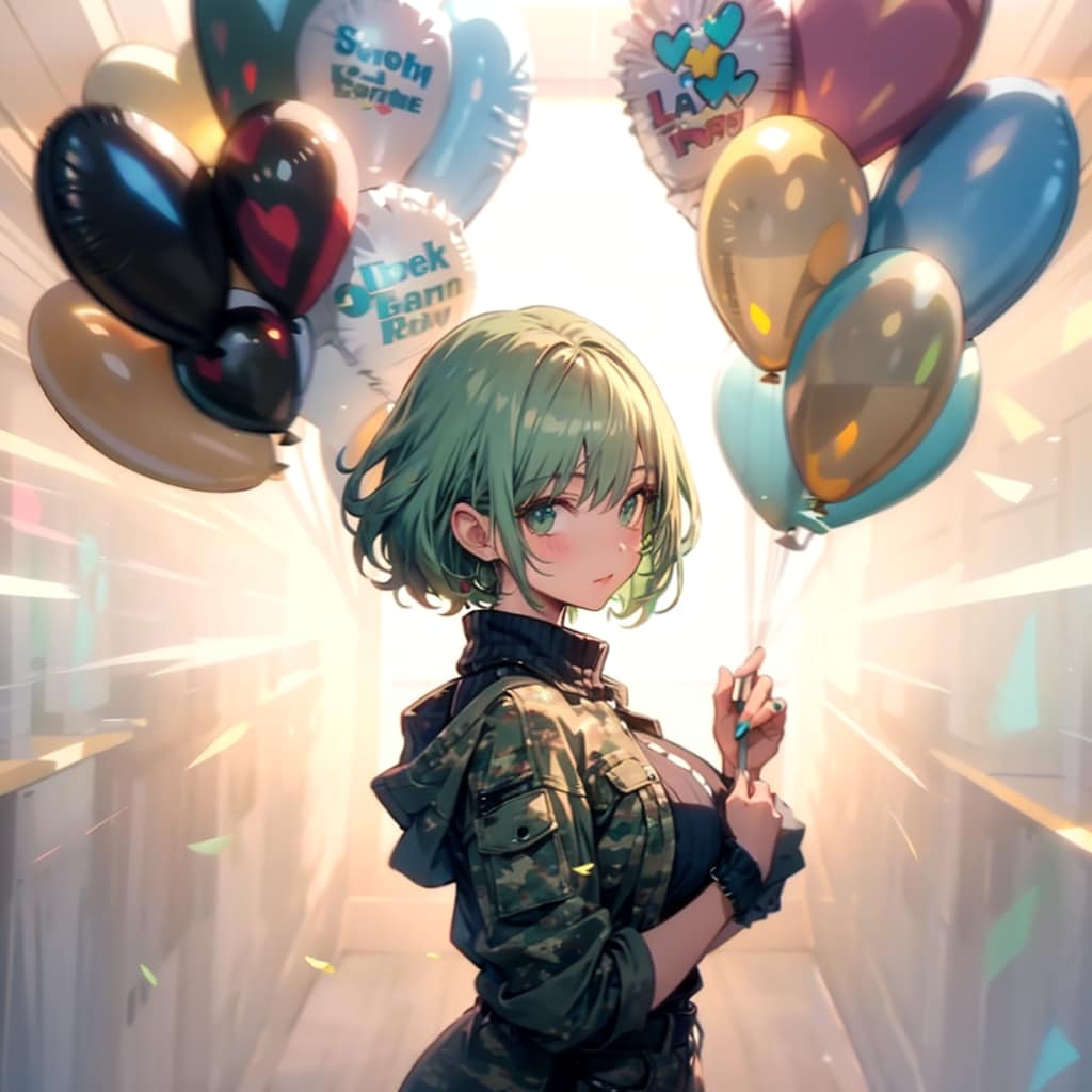 いっぱい風船を持つ緑髪ショートカットの迷彩服着た美女。