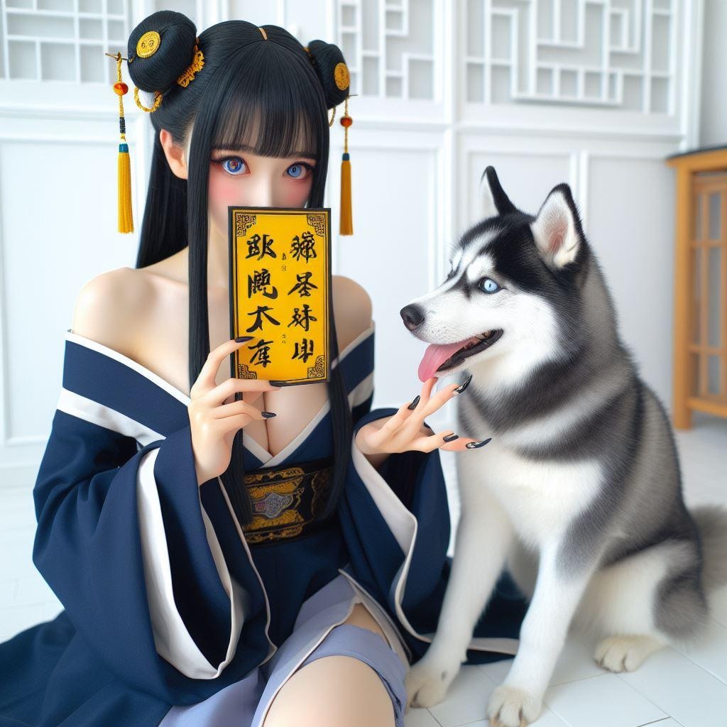 ハスキーと戯れるキョンシー