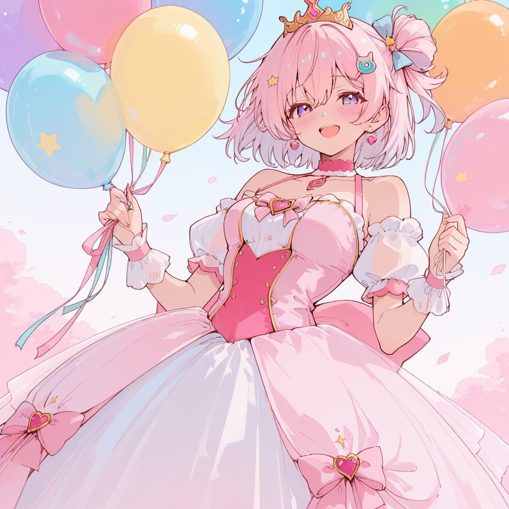 いっぱい色とりどりの風船を持つピンク髪ショートカットのお姫様