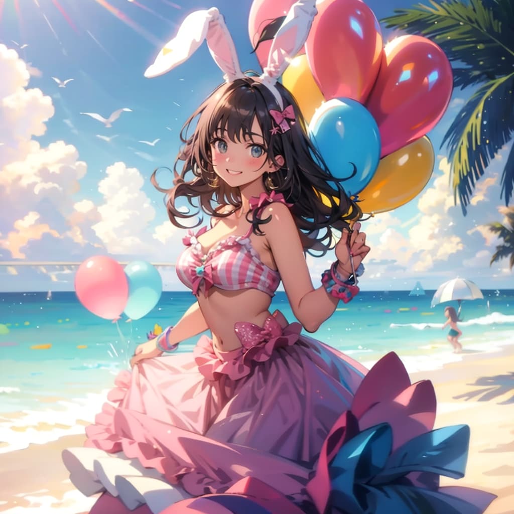 いっぱい色とりどりの風船を持つバニーガール衣装着た美女