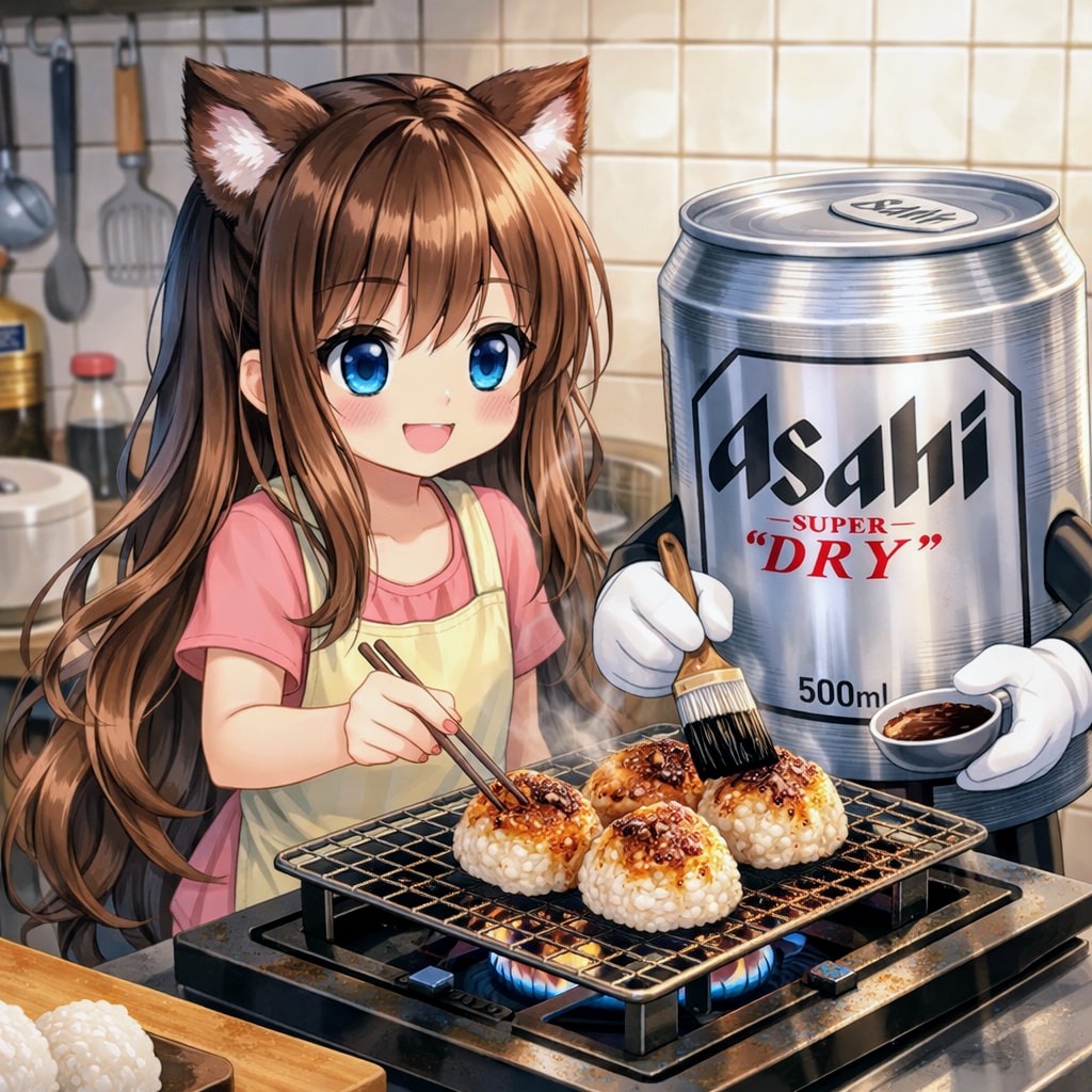 焼きおにぎりを作る小さな女の子