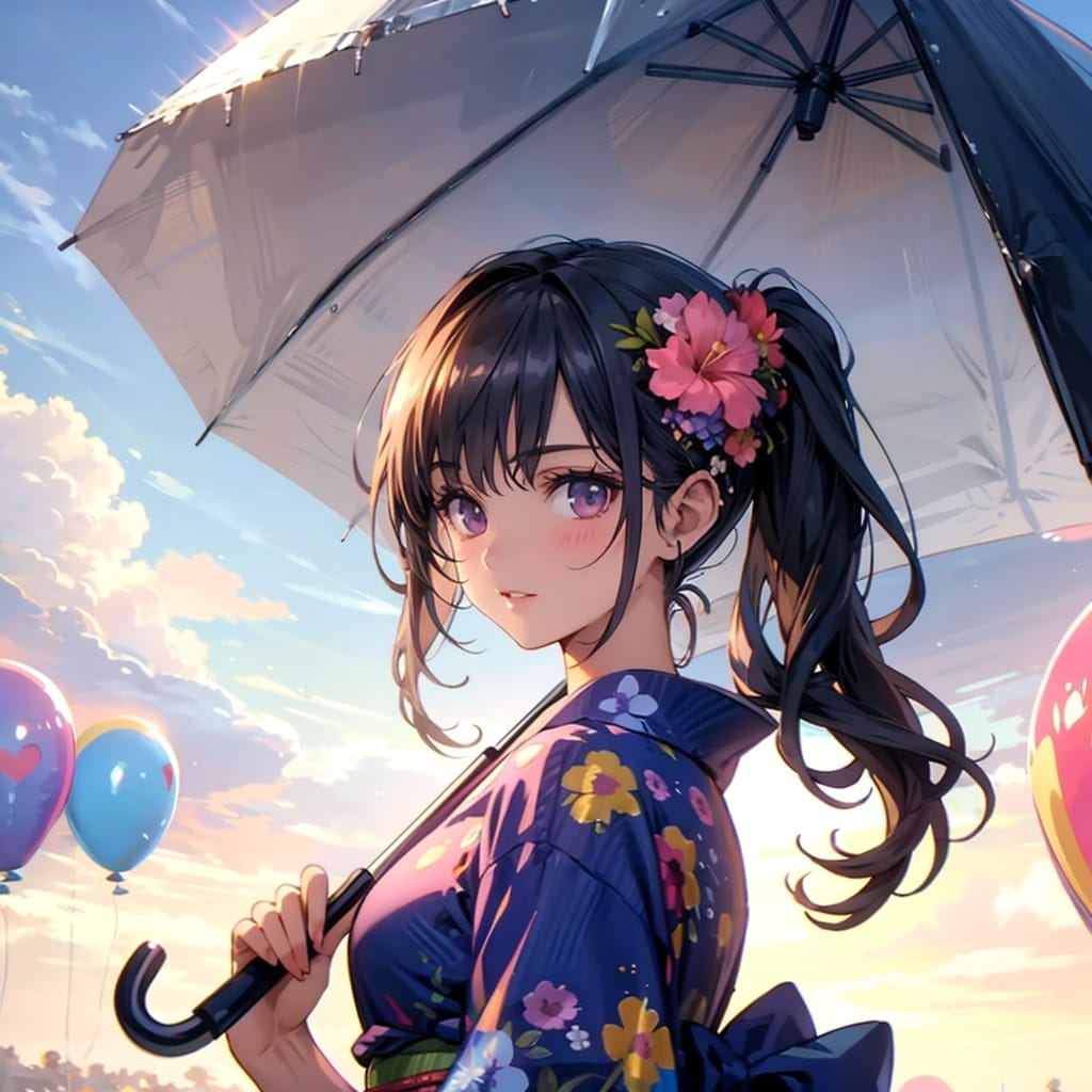 いっぱい色とりどりの風船を持つ着物と傘を持つ美女