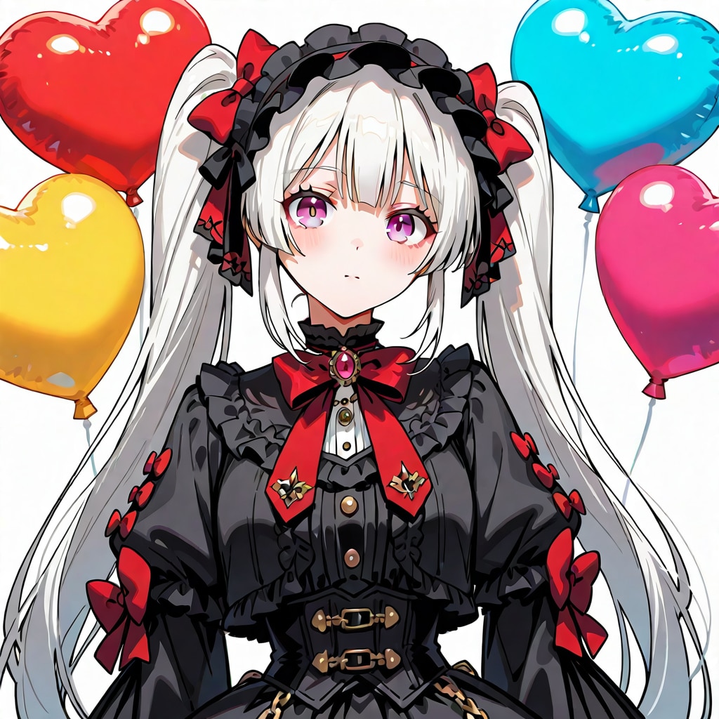 いっぱい色とりどりのハート風船を持つ白い髪ツインテールのゴスロリ衣装着た美女