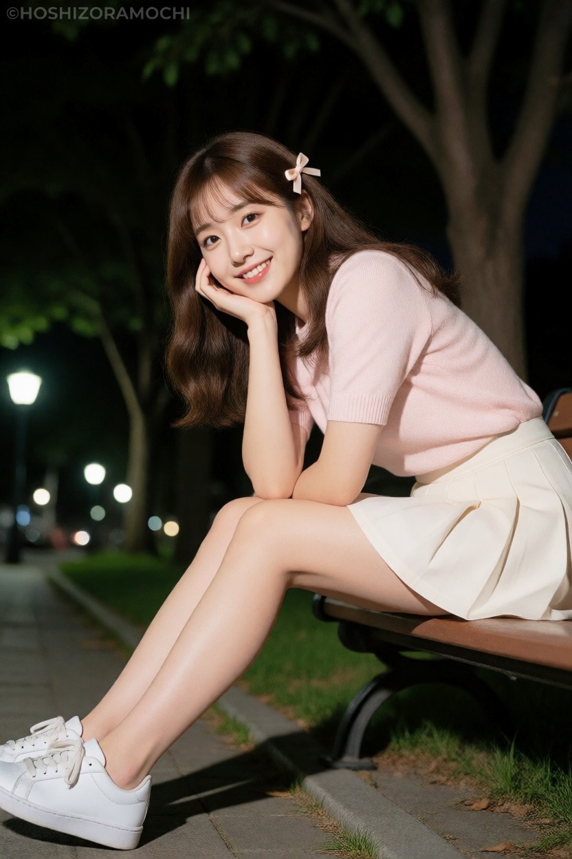 【夜の公園デート】ピンクニット＆ミニスカの清純美女と過ごす夜｜リボンお姉さんの笑顔にキュンとする特別なひととき | の人気AIイラスト・グラビア