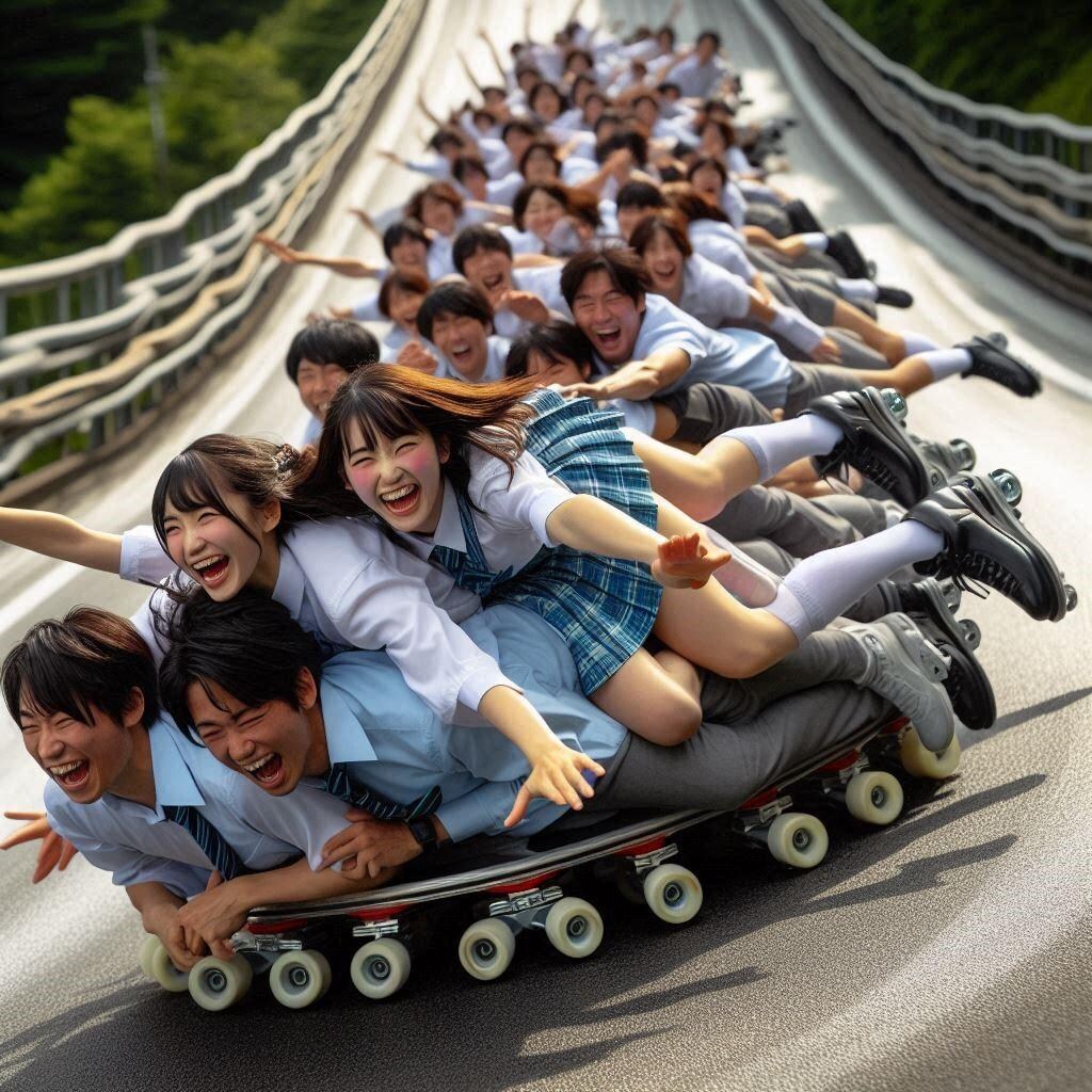 集団スケボーあるいはローラースケート