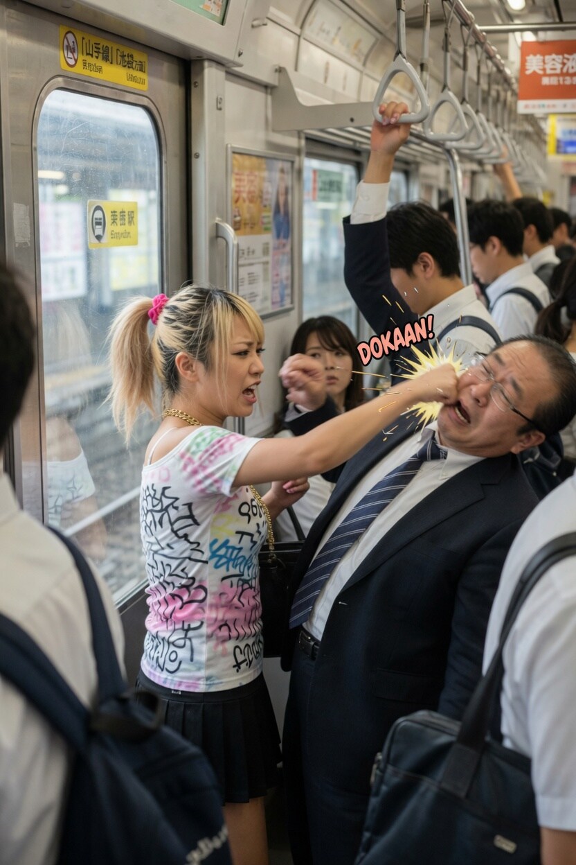 痴漢がバレてギャルにグーパンされるおじさん | の人気AIイラスト・グラビア