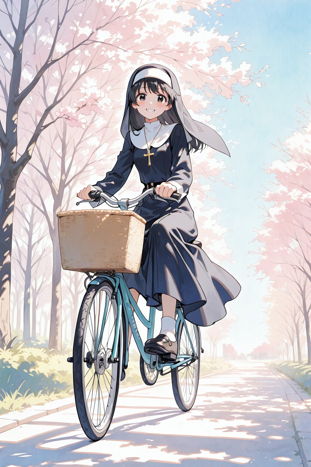 自転車に乗るシスター