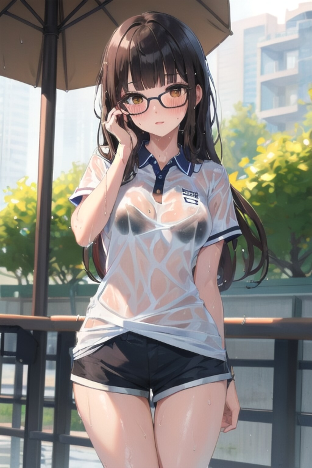 メガネっ娘　びしょ濡れでスタイルがバレる